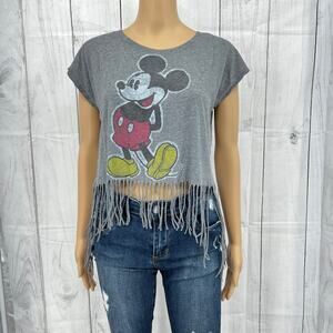 Disney XS Women's Gray Mickey Mouse Fringe Crop Tee Shirt T-Shirt Cap Sleeve